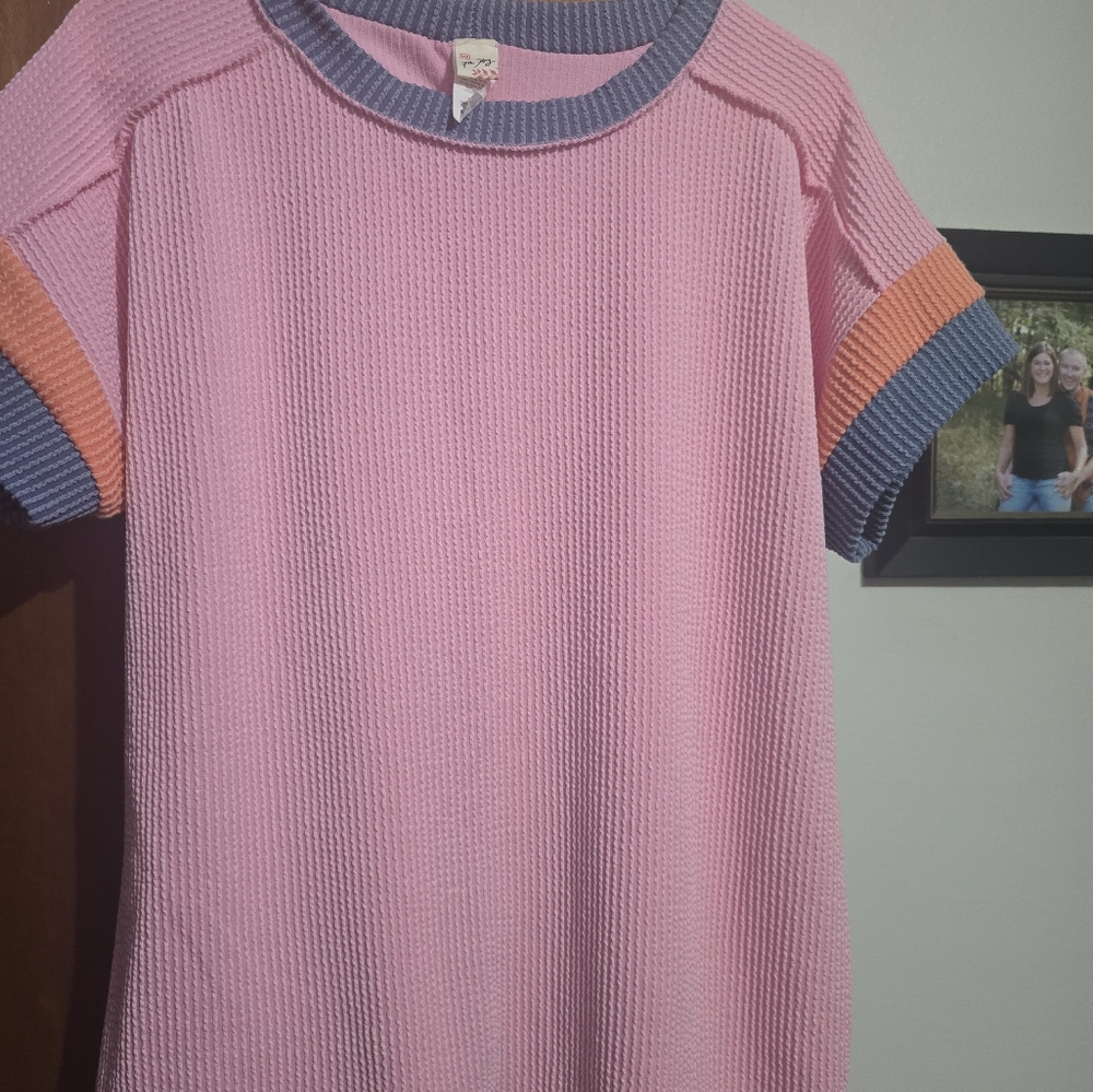Source Unknown Pink and Blue Textured Blouse